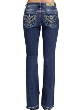 Stylish Mid-Rise Bootcut Jeans with Diamond Fringe & Faux Flap Pockets